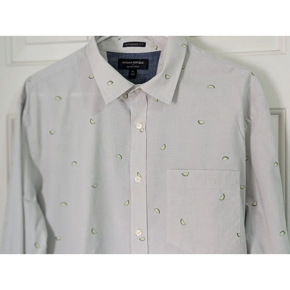 Banana Republic L/S Button Shirt Mens XL Gray Lime Wedges Untucked Fit Pocket